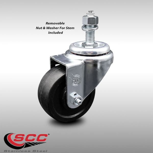 3 Inch SS Soft Rubber Wheel Swivel 1/2 Inch Threaded Stem Caster